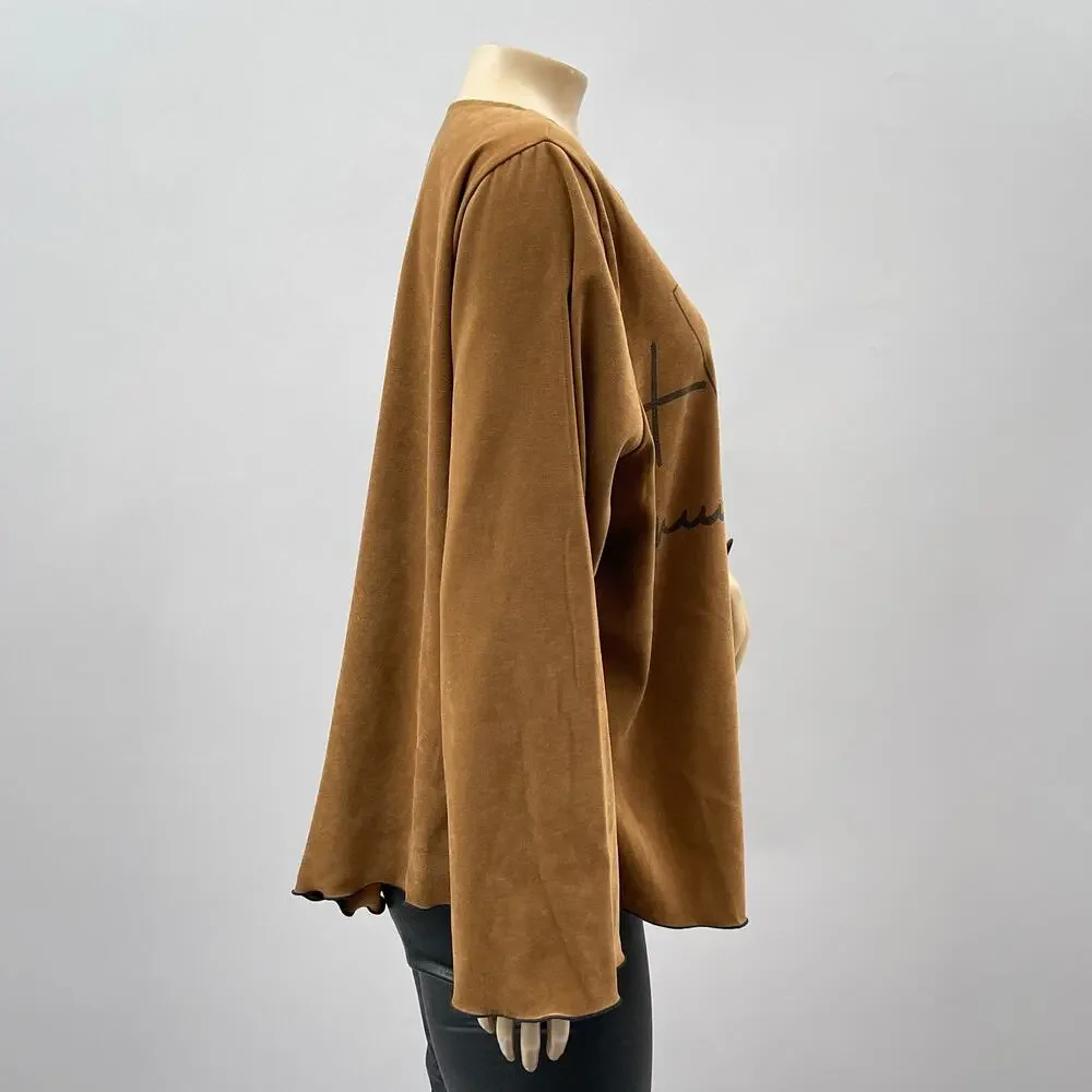 AHNI USA Top Womens 3 / XL Brown Microsuede Artsy Graphic Asymmetrical Hem Boho - Picture 7 of 11